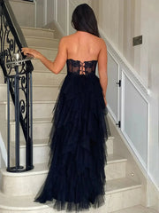 Strapless Tiered Prom Dresses with Slit Sheer Lace Bodice Formal Dresses - FD3715