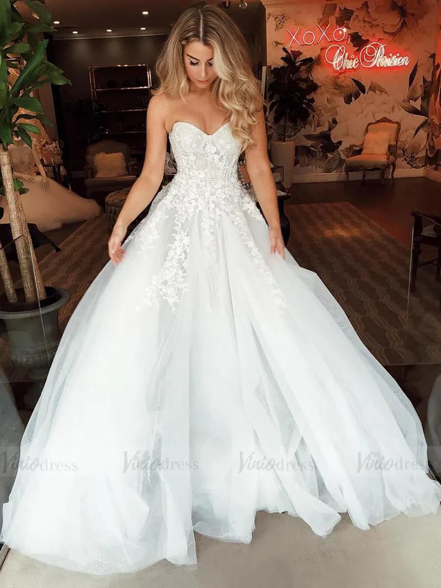 Strapless Tulle Beaded Lace Beach Wedding Dresses 2019 VW1306