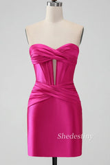 Hot Pink Strapless Keyhole Ruched Mini Homecoming Dress