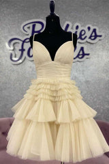 Straps Light Blue V-Neck Ruffle Homecoming Dress