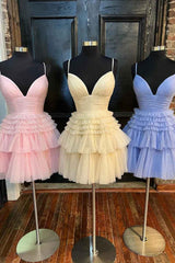 Straps Light Blue V-Neck Ruffle Homecoming Dress