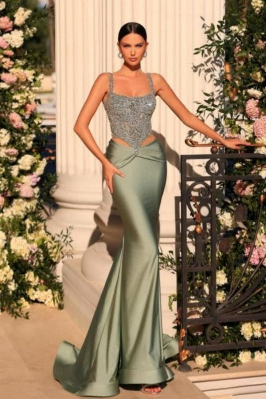 Stunning Dusty Sage Prom Dress Mermaid Square Neck Beadings Party Dress