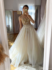 Stunning Lace Applique Spaghetti Strap Wedding Dresses Tulle Country Bridal Gown VW2182