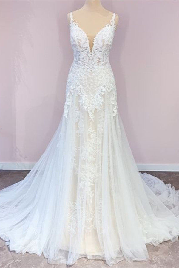 Verbluffende lange A-lijn Tule sweetheart Appliques kanten trouwjurk