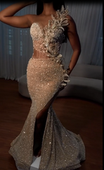 Stunning Long Mermaid Sweetheart Front Slit Prom Dress with Beaded Flowers