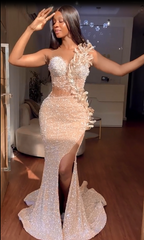 Stunning Long Mermaid Sweetheart Front Slit Prom Dress with Beaded Flowers