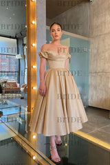 Stunning Off-the-Shoulder Black Prom Dress Tea Length Satin Formal Dress
