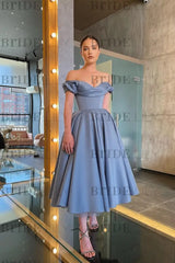 Stunning Off-the-Shoulder Black Prom Dress Tea Length Satin Formal Dress