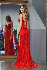 Stunning Sparkly Lace Mermaid Prom Dress 2025 with Slit, Spaghetti Strap & Plunging V-Neck  – FD5032