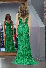 Stunning Sparkly Lace Mermaid Prom Dress 2025 with Slit, Spaghetti Strap & Plunging V-Neck  – FD5032