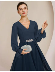 Aimishang  A-Line Mother of the Bride Dress Formal Wedding Guest Elegant High Low Scoop Neck V Neck Asymmetrical Tea Length Chiffon Long Sleeve with Crystal Brooch