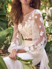 Wholesale Beach Boho Wedding Dresses Two Piece Scoop Neck Separates Long Sleeve Sweep / Brush Train Chiffon Bridal Suits Bridal Gowns With Embroidery Appliques
