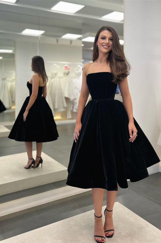 Stylish Black Strapless Sleeveless Tea Length Prom Dress
