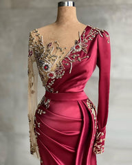 Stylish Satin evening dress with Side Sweep Train | Prom dresses with long sleeves