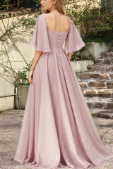 Stylish Sweetheart Half Sleeves Chiffon Ruched Bridesmaid Dress High Split