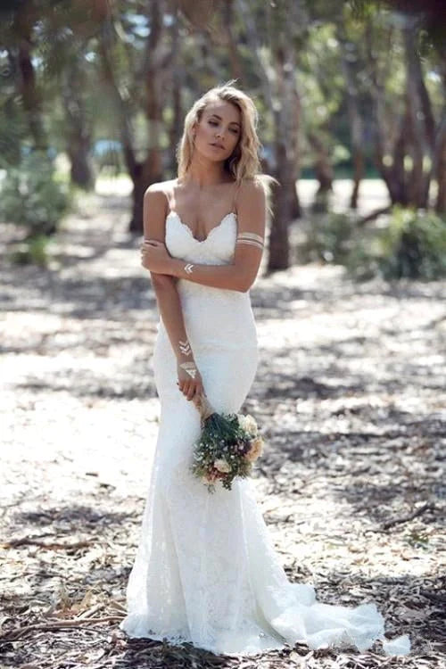 Ivory Beach Wedding Dress Lace Mermaid Wedding Dress Open Back Floor Length Elegant