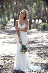 Ivory Beach Wedding Dress Lace Mermaid Wedding Dress Open Back Floor Length Elegant