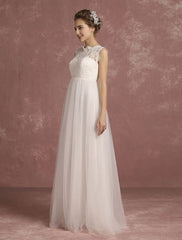 Summer Wedding Dresses 2021 Lace Empire Waist Bridal Gown Illusion Sleeveless Round Neck A Line Floor Length Bridal Dress Exclusive