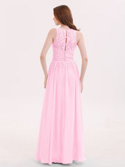Long Lace Dress with Illusion Sweetheart Neck-Candy Pink