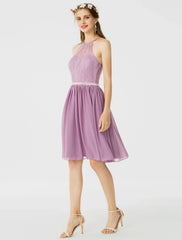 DingjiA-Line / Princess Halter Neck Knee Length Chiffon / Corded Lace Bridesmaid Dress with Sash / Ribbon / Pleats