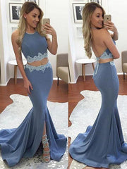 Sweep/Brush Train With Applique Elastic Woven Satin Two Piece Dresses