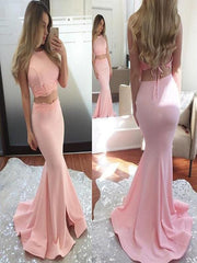 Sweep/Brush Train With Applique Elastic Woven Satin Two Piece Dresses