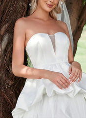 A-Line Strapless Sleeveless Sweep Train Satin Tulle Wedding Dresses With
