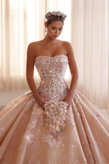 Sweet Strapless Sleeveless Appliques Lace Chapel A-Line Wedding Dress