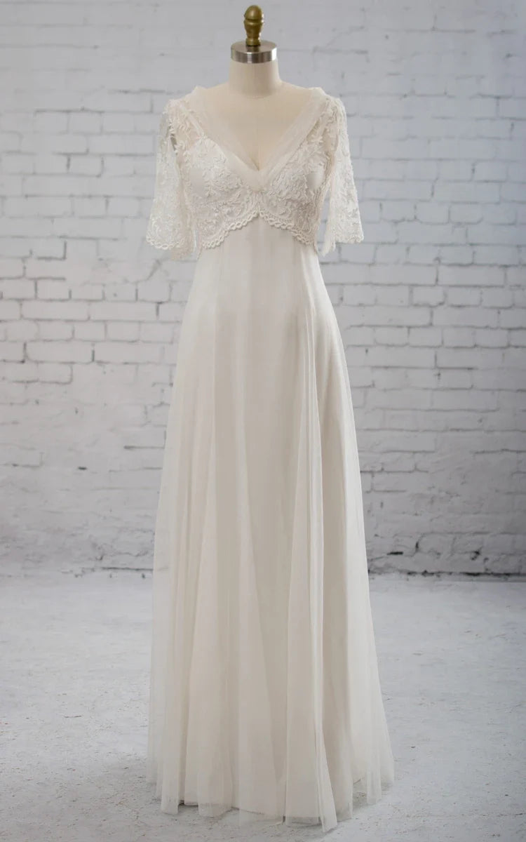 Sweetheart A-line Chiffon Dress With Half-sleeved Illusion Bodice