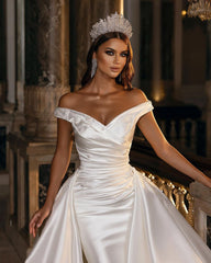 Sweetheart Backless Satin A-Line Off-The-Shoulder Bridal Gown with Ruffled Appliques