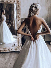 A-line Sweetheart Ball Gown Sweep Train Tulle Wedding Dress with Appliques