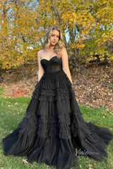 Sweetheart Black Ruffle Prom Dress Tiered Tulle Wedding Dresses FD1153