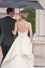 A-line Sweetheart Court Train Ivory Satin Wedding Dress with Ruched