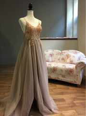 Sweetheart Crystal Prom Dresses Straps Spaghetti Tulle Evening Gown Split Side
