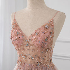 Sweetheart Crystal Prom Dresses Straps Spaghetti Tulle Evening Gown Split Side
