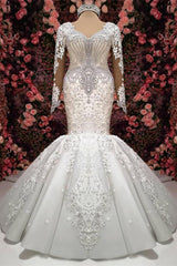 Sweetheart Long Sleeves Elegant Lace Appliques Mermaid Wedding Dress with Beadings