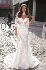Sweetheart Long Sleeves  High Collar Appliques Lace Mermaid Wedding Dress
