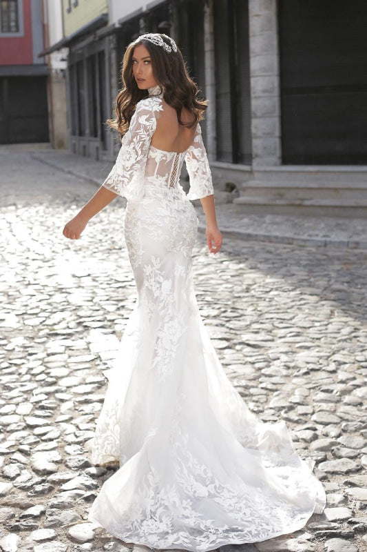 Sweetheart Long Sleeves  High Collar Appliques Lace Mermaid Wedding Dress