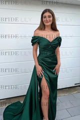 Sweetheart Mermaid Front Split Prom Dress Dark Green with Off-The-Shoulder Beadings