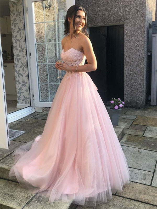 Sweetheart Open Back Pink Lace Long Prom Dresses Tulle Aline Formal Evening Dresses