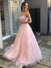 Sweetheart Open Back Pink Lace Long Prom Dresses Tulle Aline Formal Evening Dresses