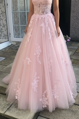 Sweetheart Open Back Pink Lace Long Prom Dresses Tulle Aline Formal Evening Dresses