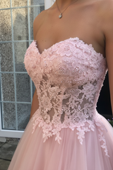 Sweetheart Open Back Pink Lace Long Prom Dresses Tulle Aline Formal Evening Dresses
