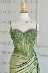 Sweetheart Ruched Satin Beadings Mermaid Prom Dress with Side Slit