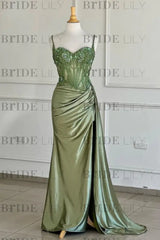 Sweetheart Ruched Satin Beadings Mermaid Prom Dress with Side Slit