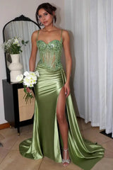 Sweetheart Ruched Satin Beadings Mermaid Prom Dress with Side Slit