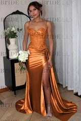 Sweetheart Ruched Satin Beadings Mermaid Prom Dress with Side Slit