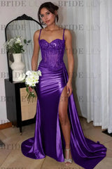 Sweetheart Ruched Satin Beadings Mermaid Prom Dress with Side Slit