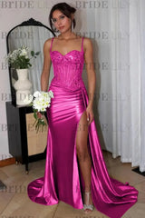 Sweetheart Ruched Satin Beadings Mermaid Prom Dress with Side Slit