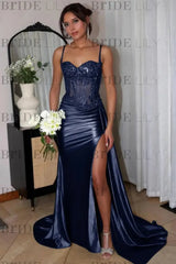 Sweetheart Ruched Satin Beadings Mermaid Prom Dress with Side Slit